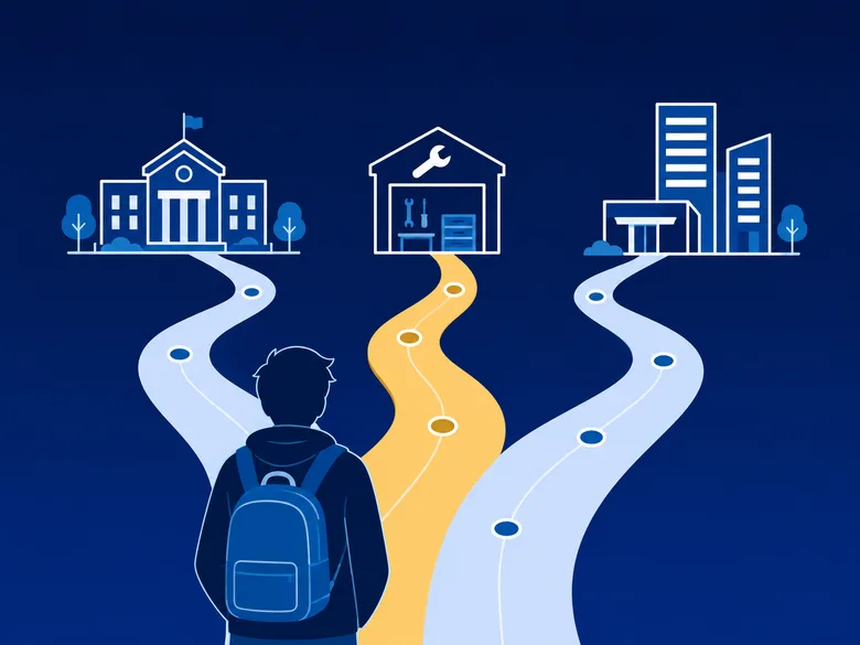 Illustration of a student, seen from behind, at a fork with three paths leading to a campus, a workshop, and a workplace