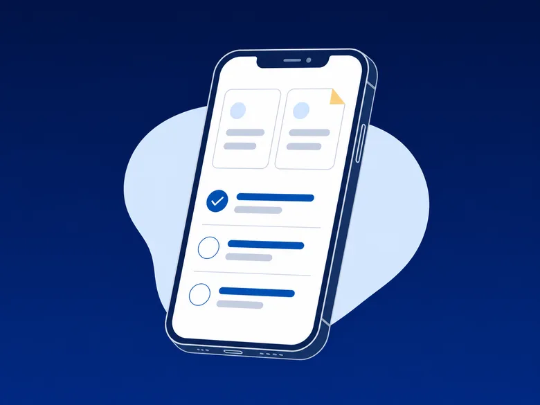 Illustration of a phone showing a plan with two cards and a three-item checklist